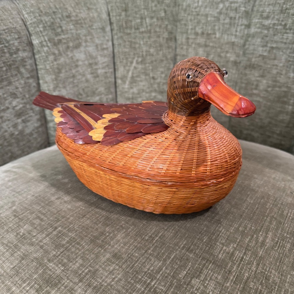 Vintage Duck Wicker Basket Brown Woven Mallard Storage Trinket Box Decoy